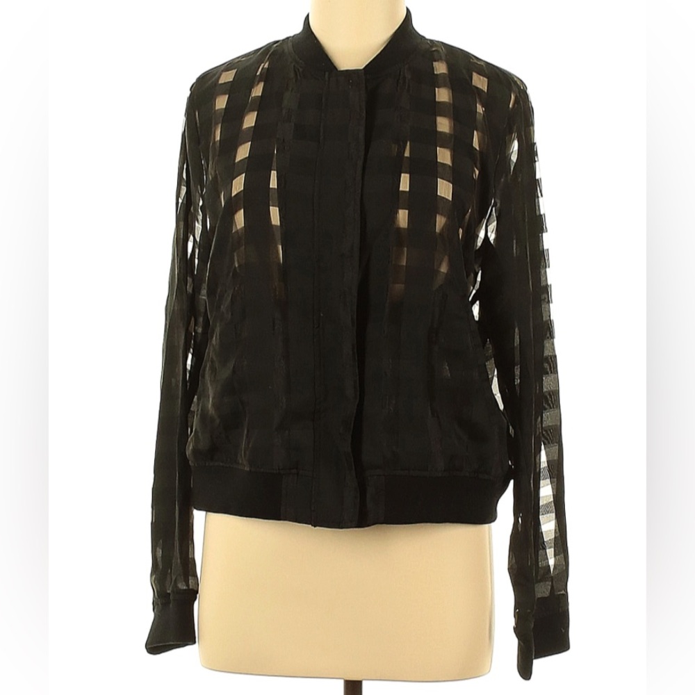 Zara Black Checkered Sheer Bomber Jacket Size: L